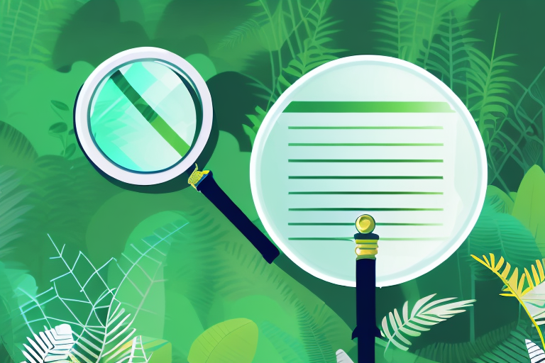 A magnifying glass hovering over a stylized amazon rainforest landscape