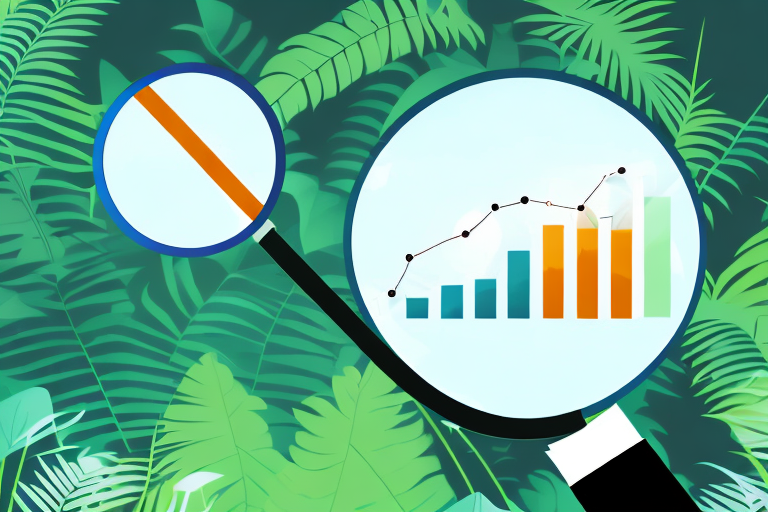 A magnifying glass hovering over a bar graph symbolizing sales rank