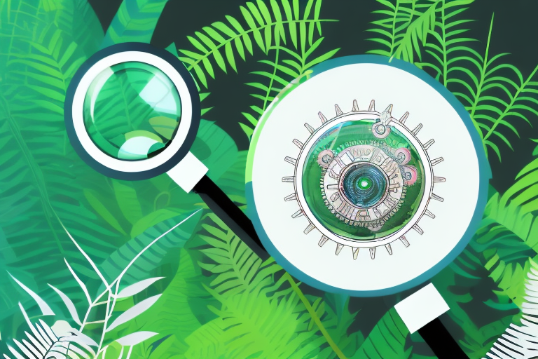 A magnifying glass hovering over a stylized amazon jungle