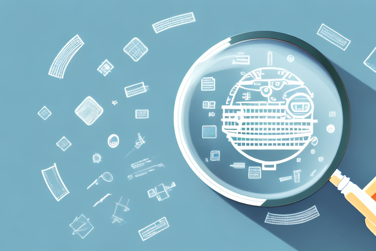 A magnifying glass hovering over a stylized representation of a computer screen that displays various generic product icons