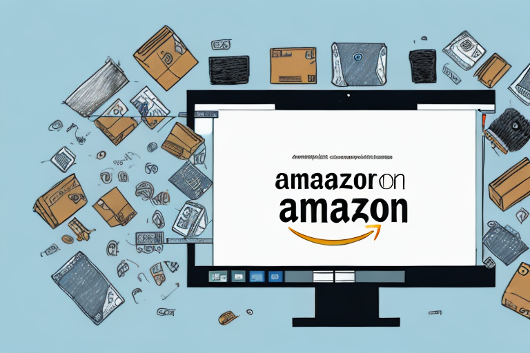 A computer screen displaying an amazon storefront layout with various product categories and a symbolic key unlocking the storefront