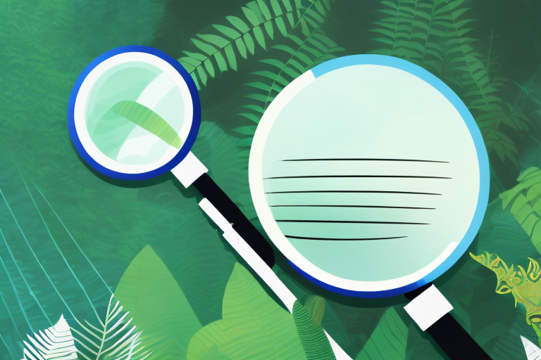 A magnifying glass hovering over a stylized amazon rainforest