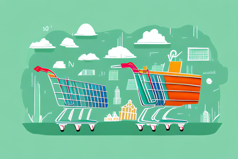 A shopping cart filled with various types of businesses (depicted as buildings) with an amazon rainforest backdrop