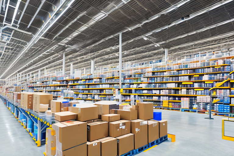 A large warehouse filled with shelves of various products