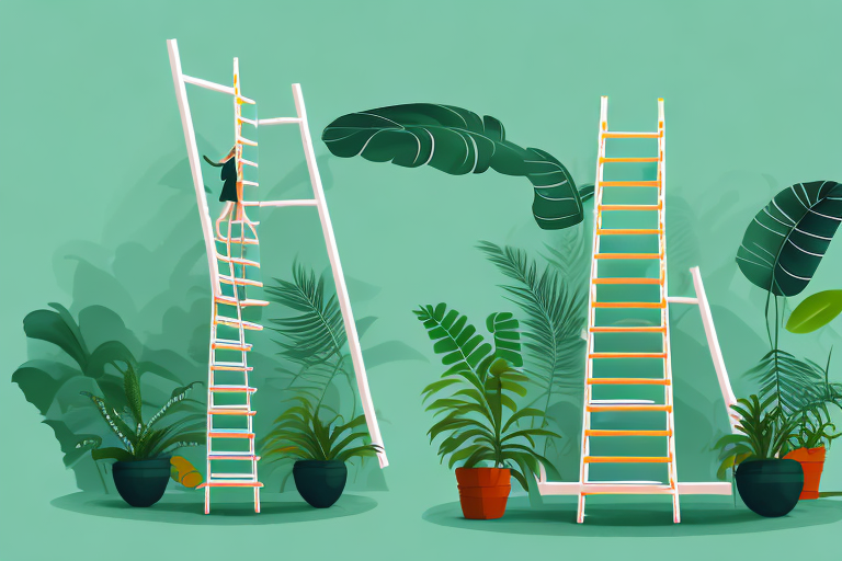 A symbolic ladder reaching up towards a stylized version of an amazon-like jungle