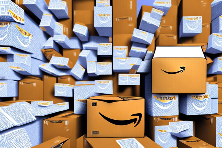 A pile of amazon delivery boxes stacked in the shape of a dollar sign