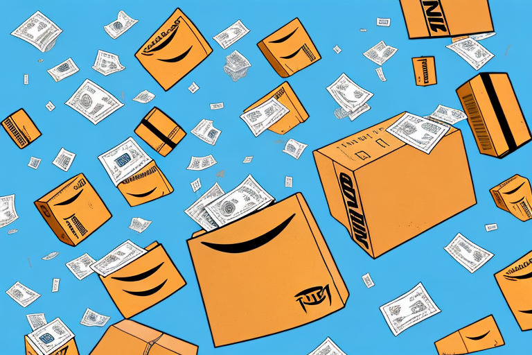 A pile of amazon packages with dollar signs floating above them