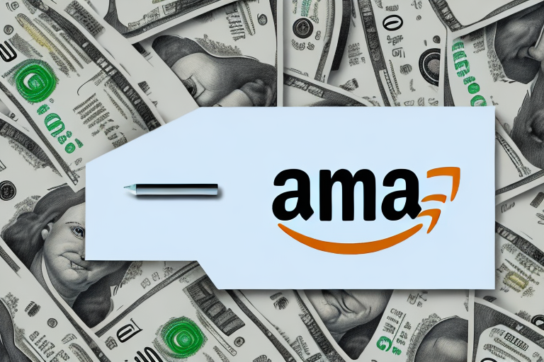 An amazon package surrounded by financial symbols like dollar signs and percentage symbols