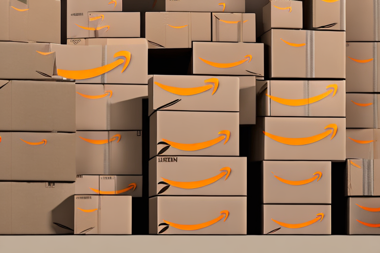 A few stacked cardboard boxes with a stylized amazon arrow on the side