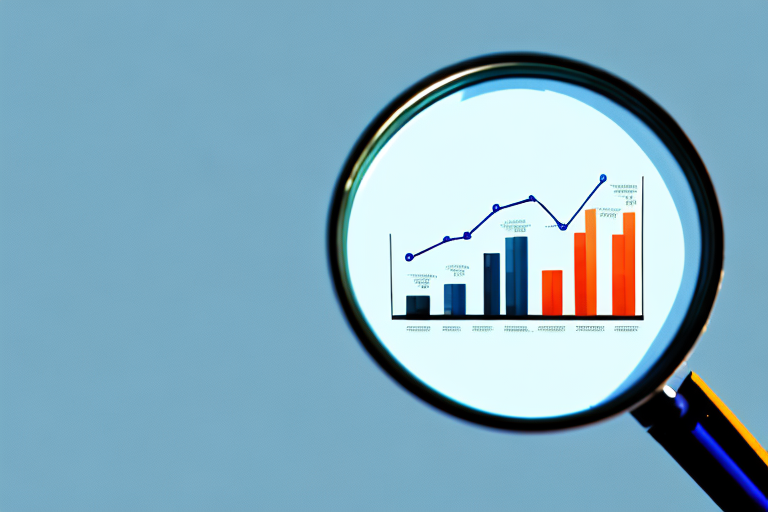 A magnifying glass hovering over a stylized representation of a sales chart with amazon-themed colors