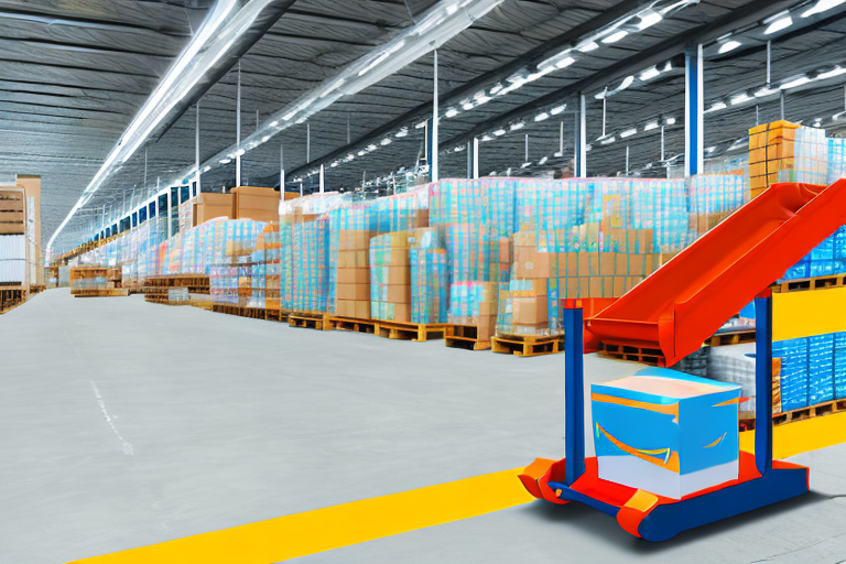 A conveyor belt with various sized packages moving towards a large warehouse