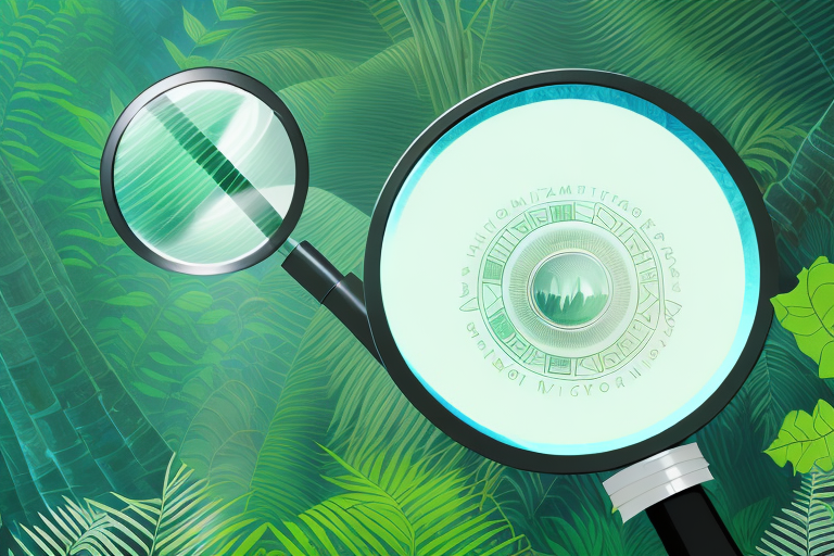 A magnifying glass hovering over a stylized amazon rainforest