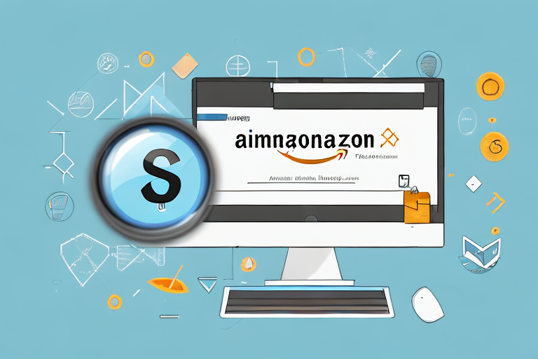 A computer screen displaying an amazon product listing with various symbolic elements like upward arrows