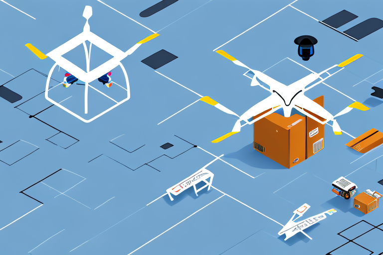 A futuristic warehouse with amazon-branded drones and automated machines