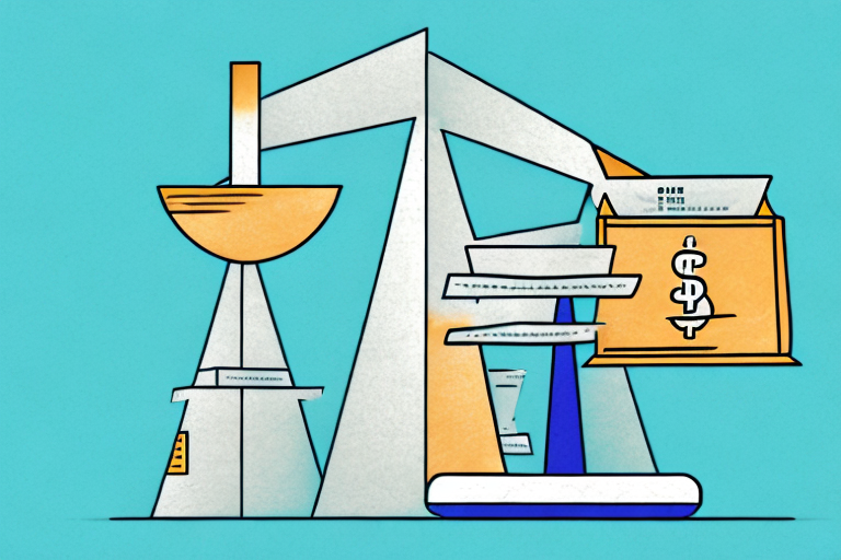 A scale balancing a pile of money on one side and a box with a barcode (representing amazon products) on the other