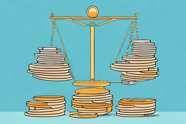 A balance scale with an amazon box on one side and a pile of coins on the other