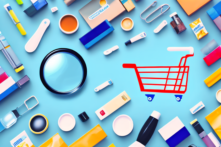 A shopping cart filled with various generic products