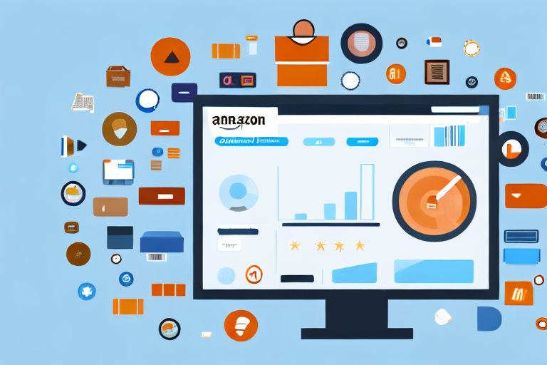 A computer screen displaying an amazon seller account dashboard with various icons such as product listing