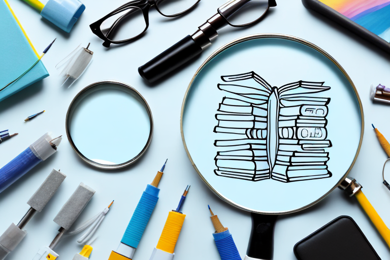 A magnifying glass hovering over a variety of different products (like books