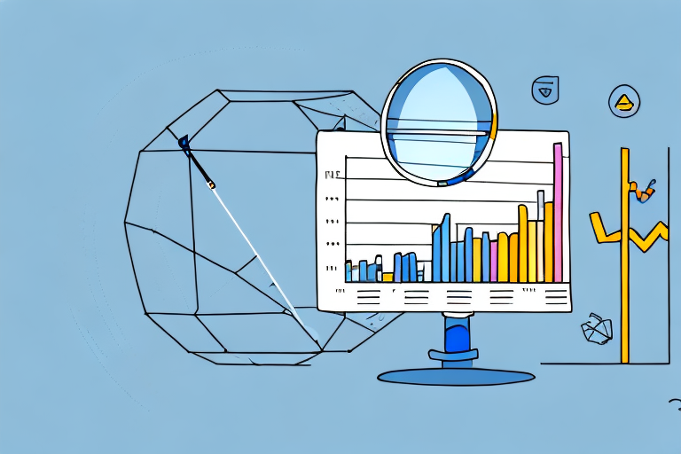 A magnifying glass hovering over a bar graph