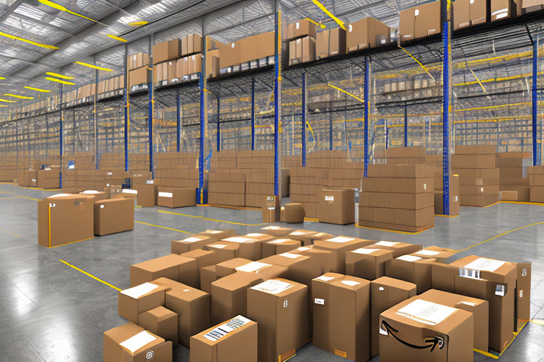 An amazon warehouse with several boxes labeled 'reserved'