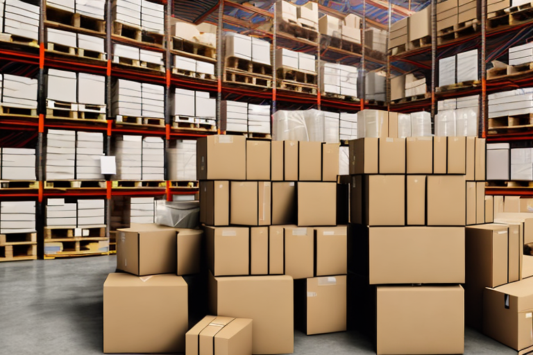 A warehouse with stacks of various sized boxes