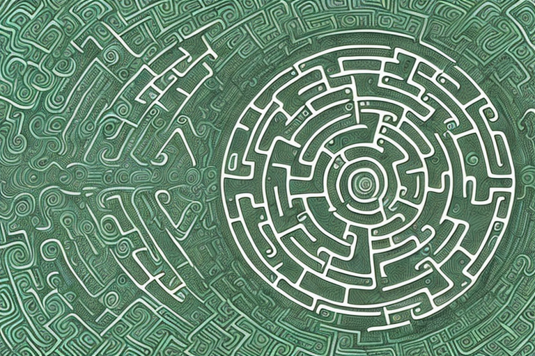 A magnifying glass focusing on a complex labyrinth shaped like an amazon rainforest