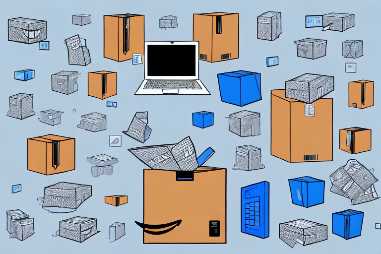 A variety of different sized amazon shipping boxes stacked and scattered