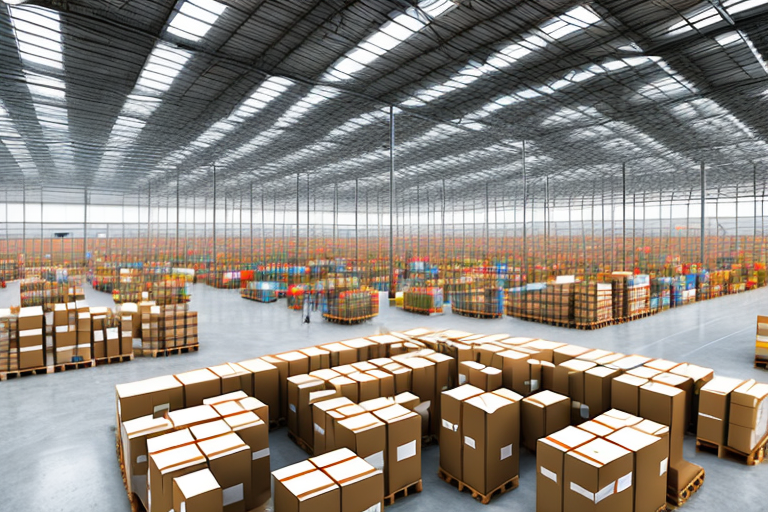 A large warehouse filled with boxes and conveyor belts