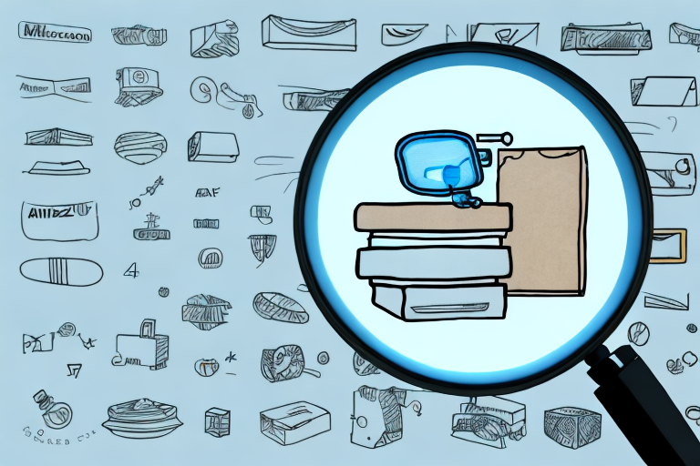 A magnifying glass hovering over a variety of different amazon product icons (like a book