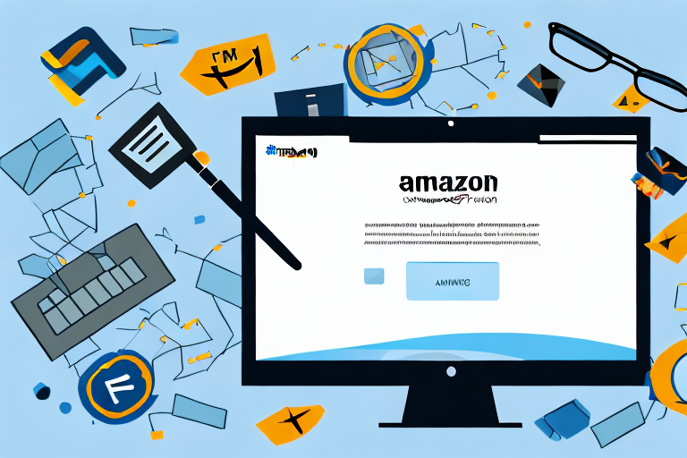 A computer screen displaying the amazon website with a magnifying glass hovering over the search bar