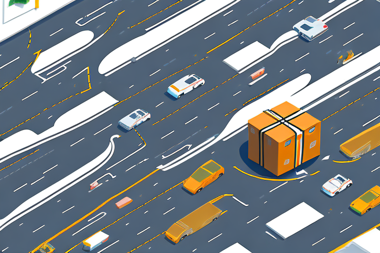 A busy highway leading towards a symbolic representation of an amazon product