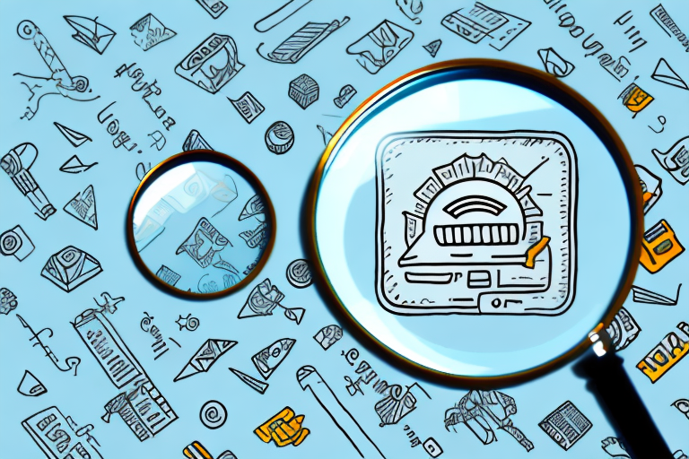 A magnifying glass hovering over a stylized amazon marketplace filled with various product icons