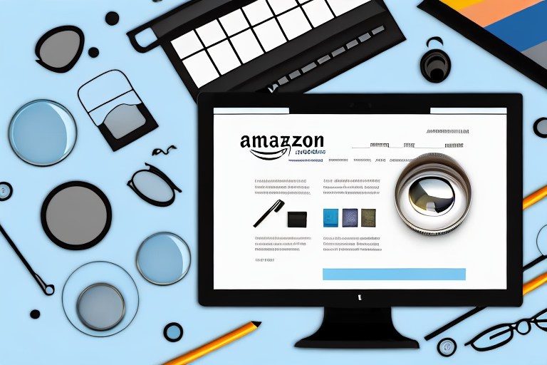 A computer screen displaying an amazon product page with a magnifying glass highlighting the product description section