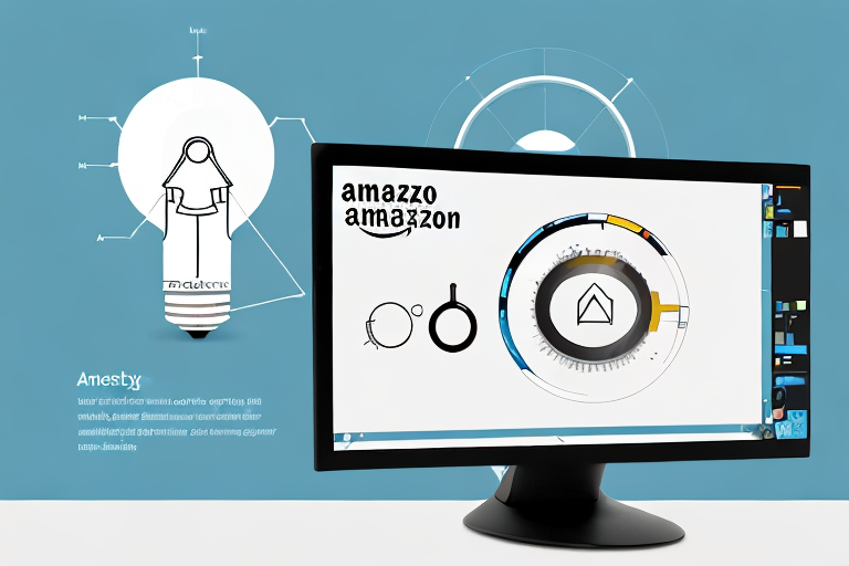 A computer monitor displaying an amazon product page with a magnifying glass focusing on the product description section