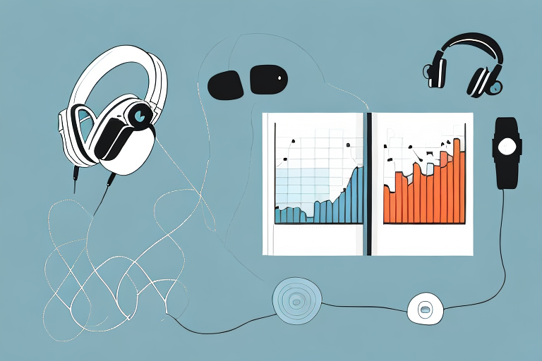 A rising graph with various product icons like a book