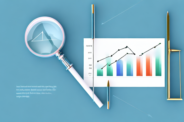 A magnifying glass over a bar graph with ascending bars and an arrow