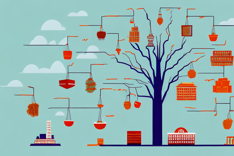 A giant tree with various types of buildings (representing different industries) hanging as fruits