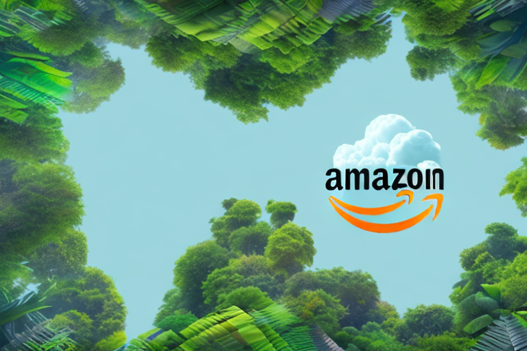 A vast jungle with different types of trees representing amazon's various business sectors such as a film reel tree for amazon prime