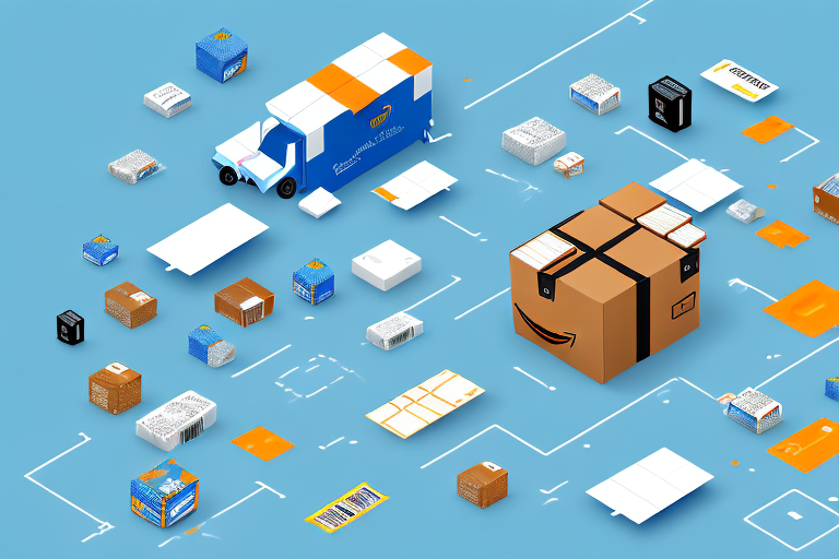 A giant amazon box transforming into various e-commerce elements like a shopping cart