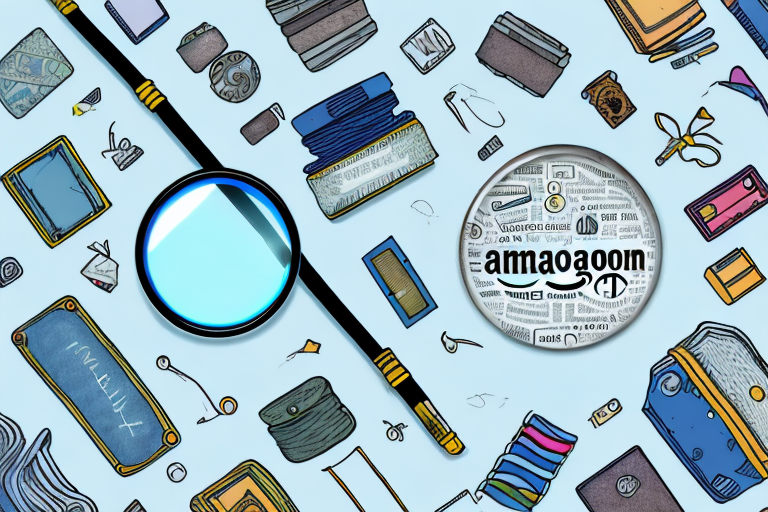 A magnifying glass hovering over a collection of diverse products (like electronics