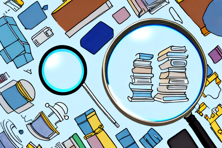 A magnifying glass hovering over a variety of different products like books