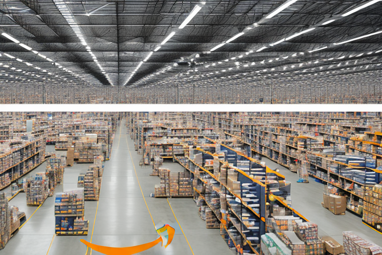 An amazon warehouse with rows of shelves filled with various products