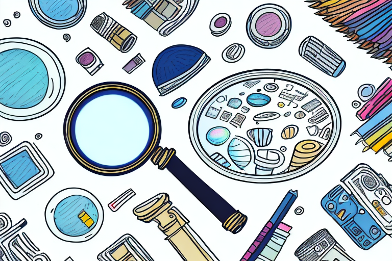 A magnifying glass hovering over a diverse array of products