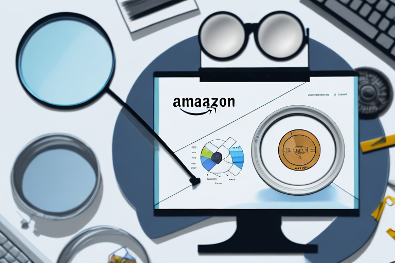 A computer screen displaying an amazon product page with a magnifying glass hovering over the product details section