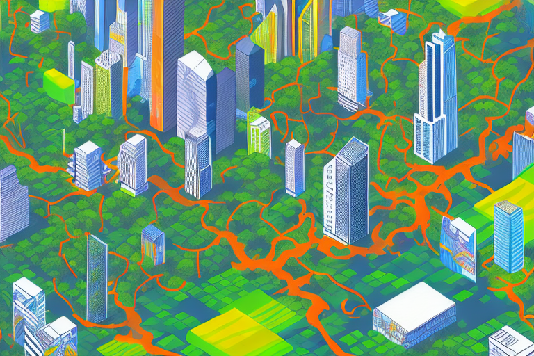 A vibrant amazon rainforest morphing into a prosperous cityscape