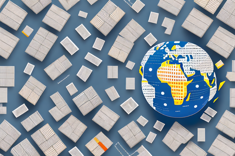 A globe with various shipping boxes marked with barcodes