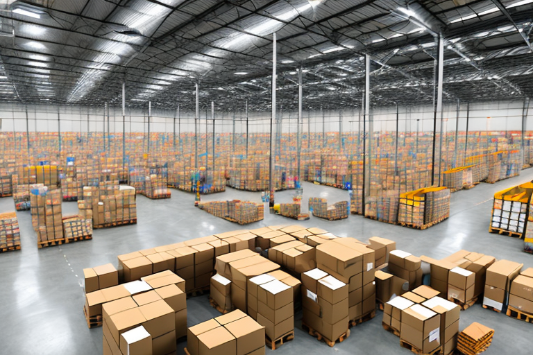 A large warehouse filled with various sized boxes and conveyer belts