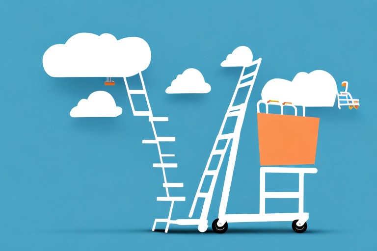 A ladder leading up to a cloud shaped like a shopping cart