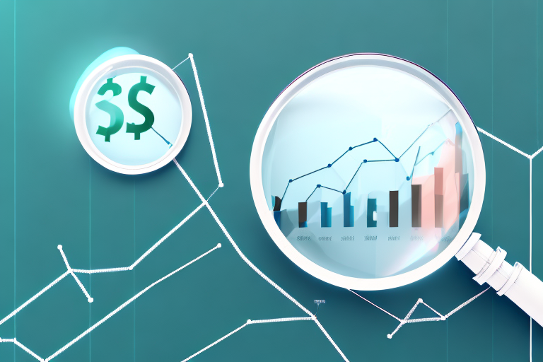 A magnifying glass hovering over a 3d bar graph representing sales data